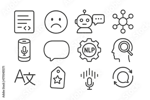 NLP Icon Set. Line style round icons of natural language processing: text parsing, sentiment icon, chatbot message, language model