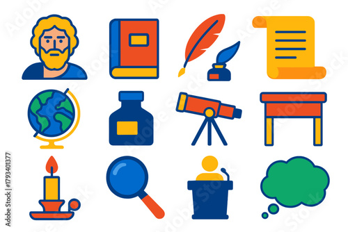 Enlightenment Icons Collection. Flat vector icons of Enlightenment Thinkers: Philosopher, Book, Quill, Scroll, Globe, Ink Bottle,