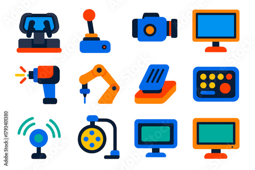 Medical Robotics Icons. Flat vector icons of Medical Robotics Tools: Control Console, Joystick, Camera, Monitor, Laser, Arm