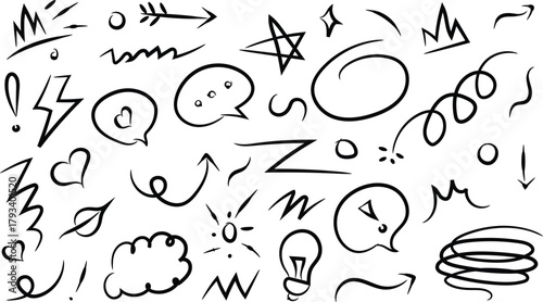 A chaotic collection of black and white doodles featuring arrows speech bubbles and abstract shapes