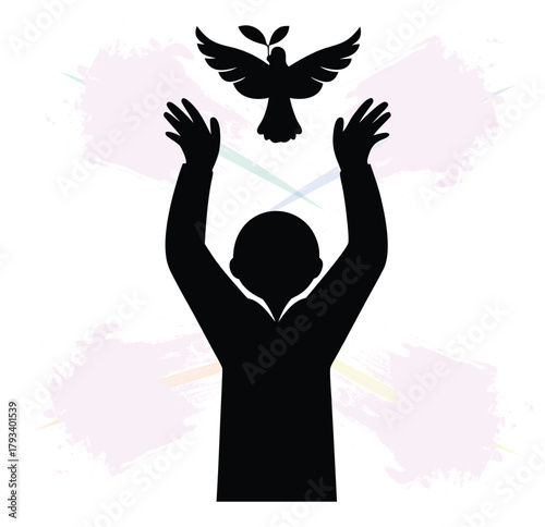 Person with arms raised to dove of peace illustration concept with a colorful background