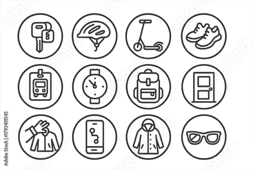 Transport Essentials Icons. Line style round icons of transport preparation: car key, bike helmet, scooter, walking shoes; bus