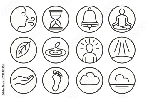 Mindfulness Line Icons. Line style round icons of mindfulness moments: breath, sand timer, bell, sitting pose; leaf fall, ripple,