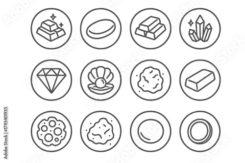 Precious Material Icons. Line style round icons of precious materials: gold, silver, platinum, rose gold; gemstone, pearl, crystal