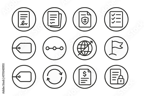 Contract Icons Design. Line style round icons of contract and scope: signature icon, agreement sheet, legal page, checklist icon;