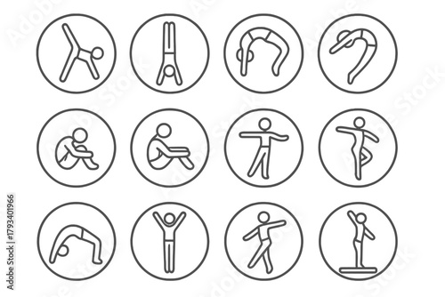 Gymnastic Movement Icons. Line style round icons of gymnastic movements: cartwheel, handstand, backflip, roll; tuck, pike, split,