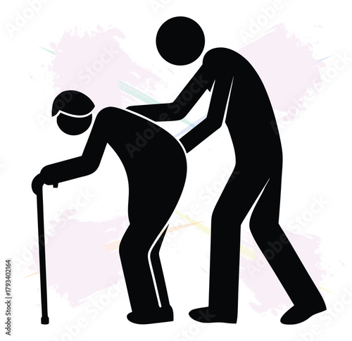 Pictogram of a caregiver assisting elderly person with cane walking and providing support silhouette