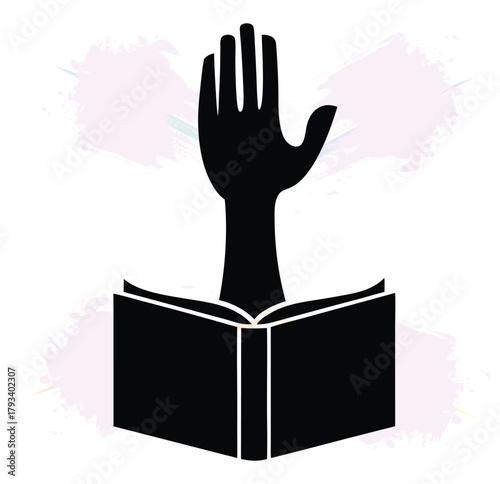 Raised hand coming out of a book symbolizing oath legal affirmation and honest testimony