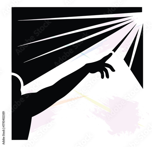 Reaching for enlightenment abstract black and white graphic design with rays of light and human figure