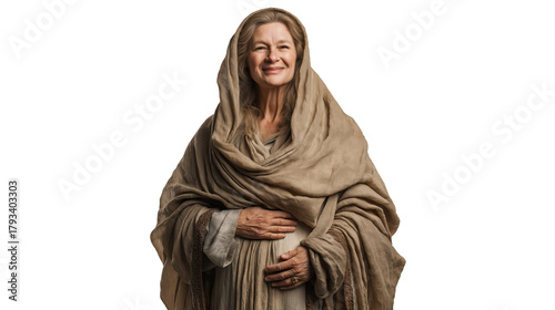 Full-body portrait of elderly woman Elizabeth in modest robes with hands on belly on transparent background, biblical figure symbolizing faith, joy, and divine promise for Christian design.