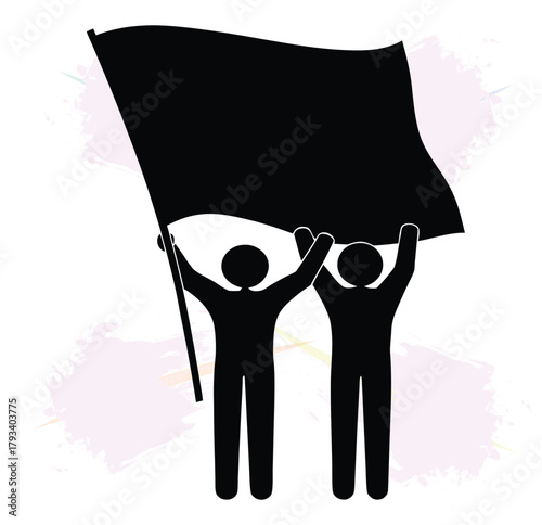 Silhouette of two people raising a blank flag in solidarity and protest illustration