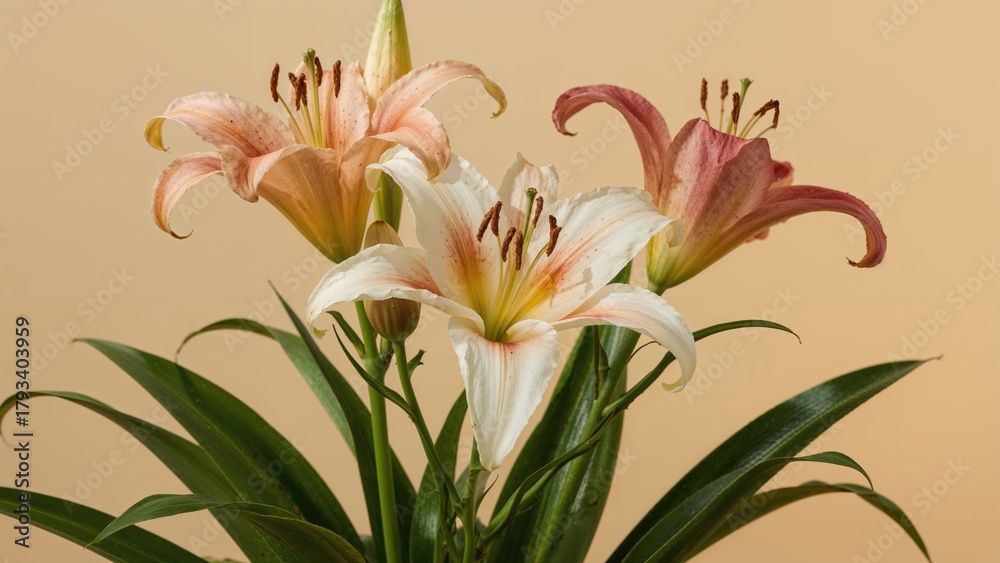 Fototapeta premium A bouquet of white and pink lilies with green leaves against a beige background.
