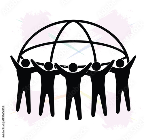 Teamwork and global cooperation illustration representing people holding up the world with unity