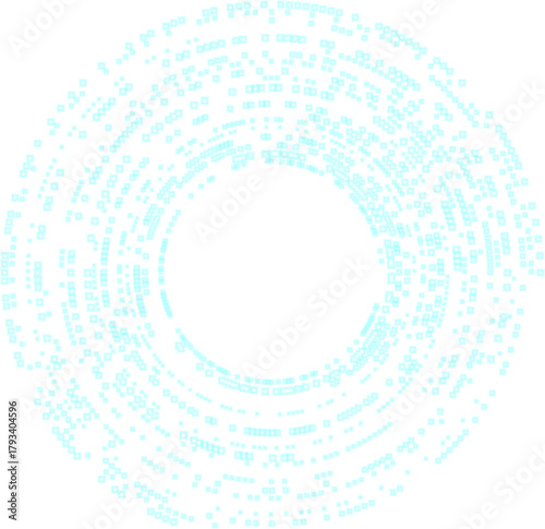 Tight circular configuration of glowing neon dots forming dense radial clustering with geometric precision and balanced layout.