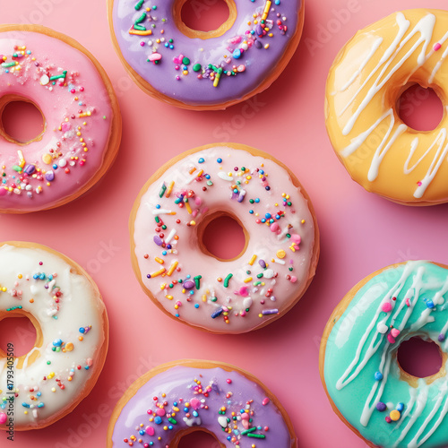 Assorted donuts with bright pastel icing and rainbow sprinkles placed on a soft pink background, ideal for dessert, bakery, and playful food themes.