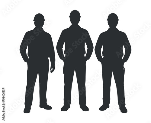 Illustration of Three Construction Workers with Hard Hats Silhouettes Standing in Front View against Transparent Background Symbolizes Teamwork