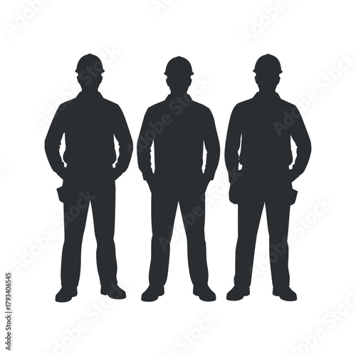 Silhouette of Three Construction Workers Wearing Hard Hats Standing with Hands in Pockets against Transparent Background Represents Teamwork and Industry