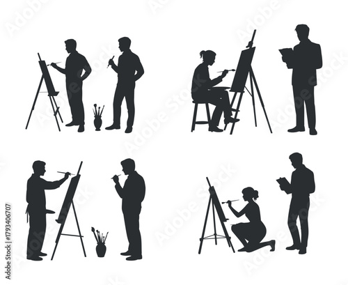 Set of Art Silhouettes with Painters and Artists Working at Easel Holding Paintbrushes and Palettes in Different Poses in Studio on White Background