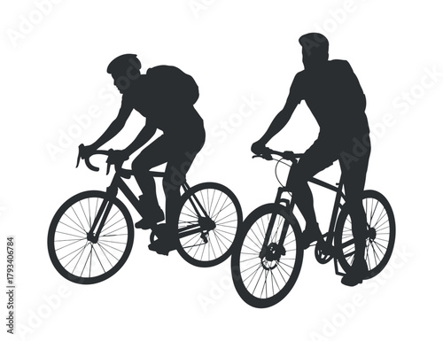 Group of Two Cyclists with Backpacks on Bicycles Silhouette on Transparent Backdrop Sporty People Ride a Bike Sport Vector Illustration Side View Active
