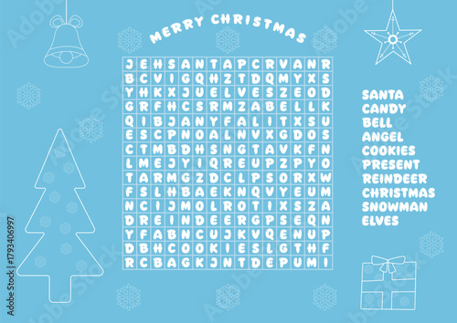 Christmas Crossword Puzzles Printable word Search Educational game for children. Xmas theme learning vocabulary worksheet.