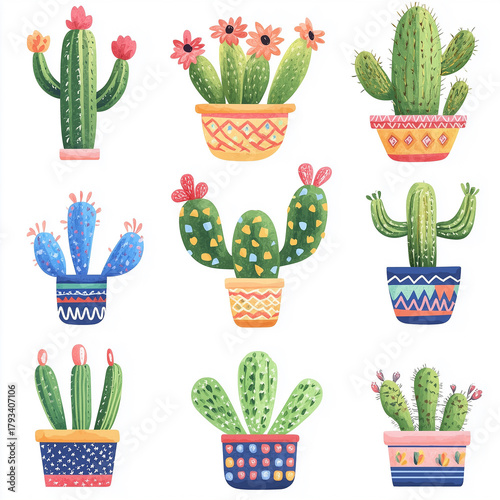 Colorful digital illustration featuring a collection of nine unique potted cacti and succulent plants, 