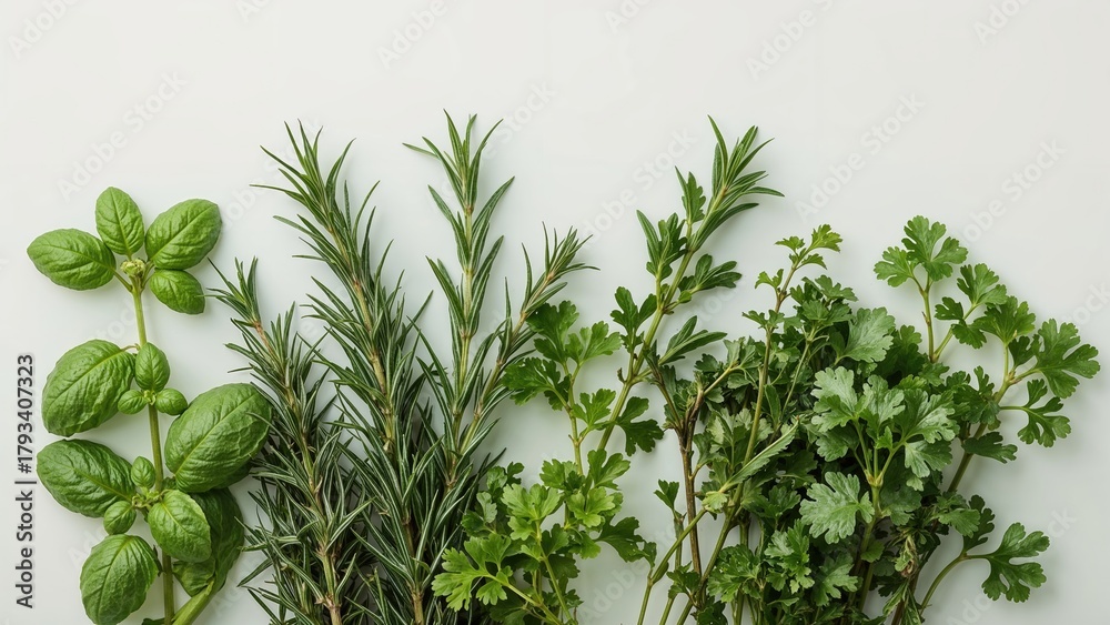 Fototapeta premium Fresh herbs: basil, rosemary, parsley, and cilantro arranged on a light background for cooking or garnishing.