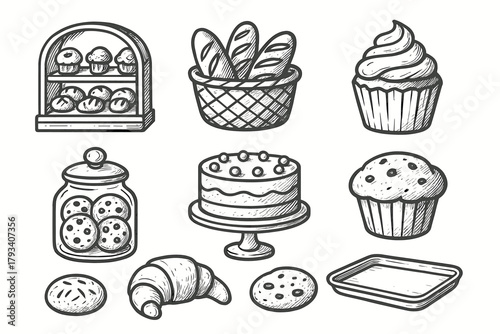 Bakery icon display muffin vector cupcake bread croissant jar set pastry tray