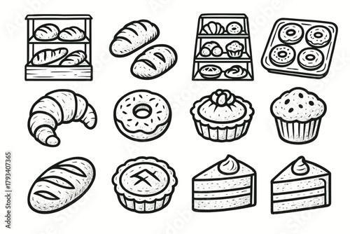Cookies pastries muffins icon cakes donut vector icons artisan loaves bakery grid