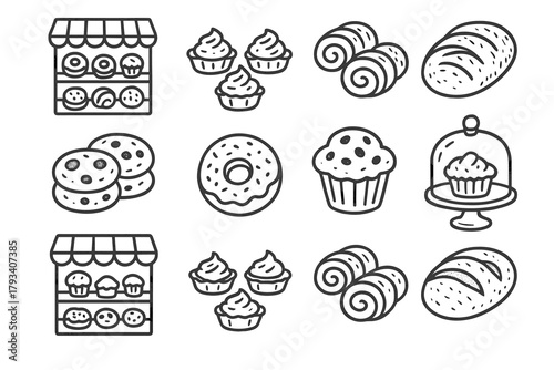 Set donut corner rolls sweet glass mini muffin icon cookies bakery vector