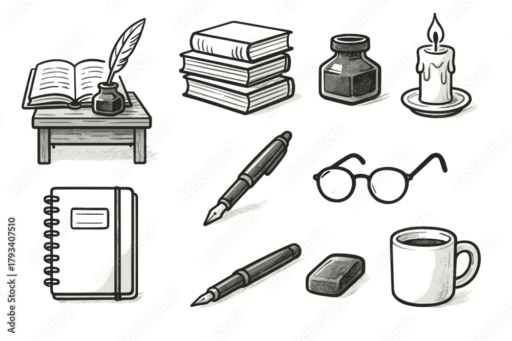 Obraz premium Bottle mug writing pen icons notebook icon vector setup candle books creative