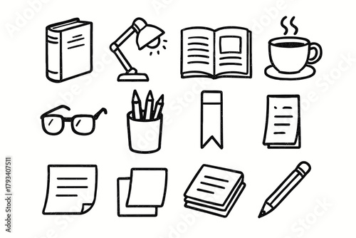 Pencil icons essentials glasses reading vector icon journal lamp case open