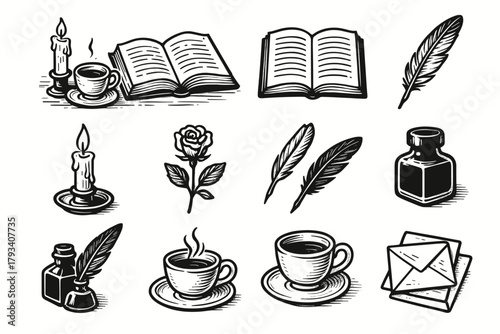 Notes icon modern quill folded candle icons flower reading scene vector book