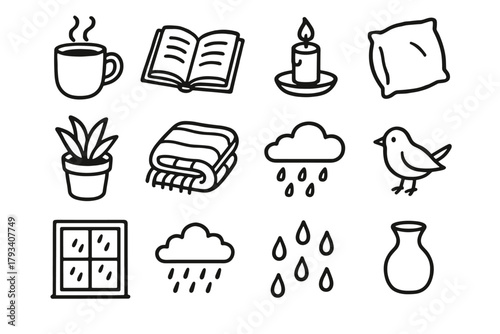 Cozy candle icons vector window cloud vase pillow icon steaming curtain plant