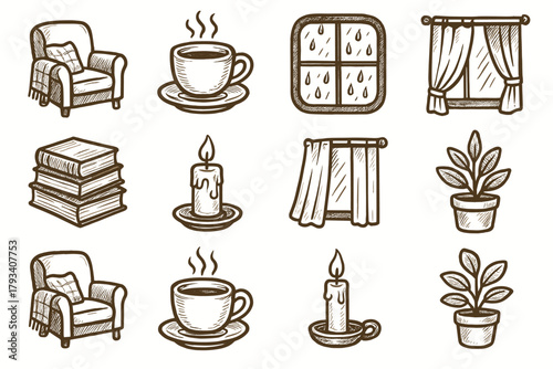 Cup corner vector icon cozy raindrop icons curtain tea pot reading window