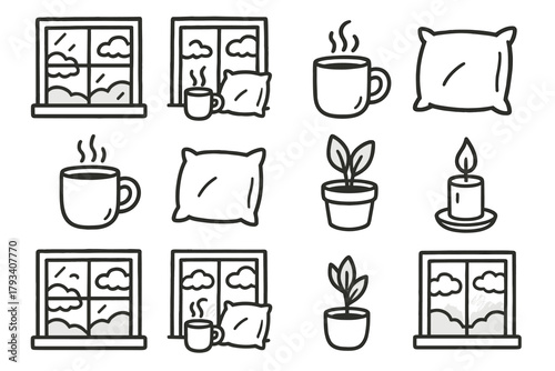 Window pot icon cozy vector home comfort candlelight mug plant pillow steaming