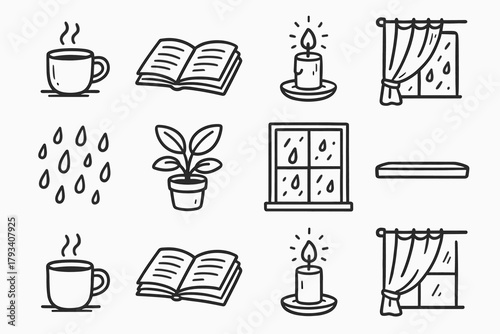 Potted raindrops candlelight warm cozy vector icon book window plant mug sill