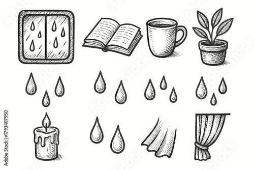 Rainy cozy book icon candle vector window cup mood droplets fold