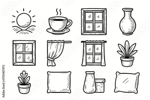 Frame window plant pillow vector icons pot cozy icon tea sunny view