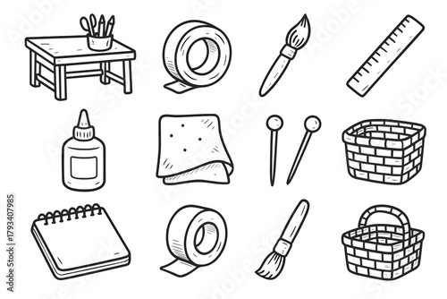 Craft basket vector piece roll ruler glue icons pins icon brush bench