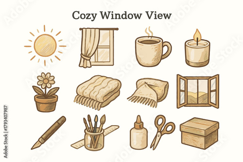 Soft dreamy pot icon vector cozy blanket craft candle mug flower curtain