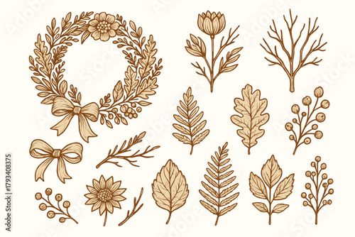 Icon ferns floral vector dried flowers twigs leaves design ribbon wreath