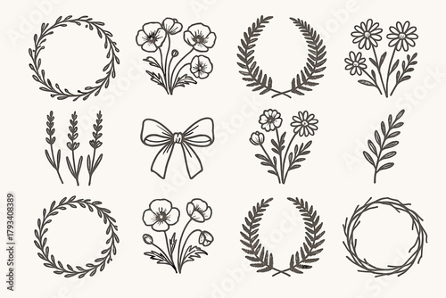 Bow circle vector lavender rustic wreath icons garden floral fern icon poppies
