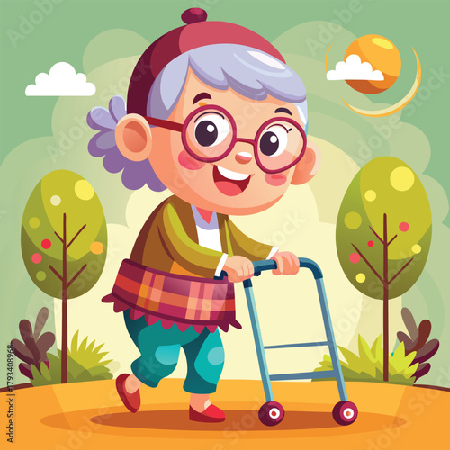 Smiling elderly woman walking with rollator in a cheerful park
