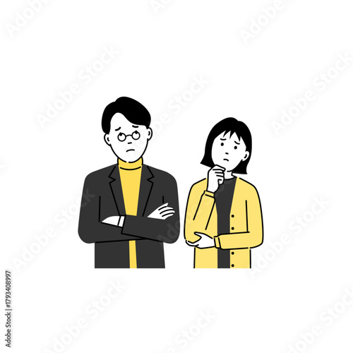 若い男女が悩みや不安を抱えて考え込むシーンのシンプルなフラットイラスト