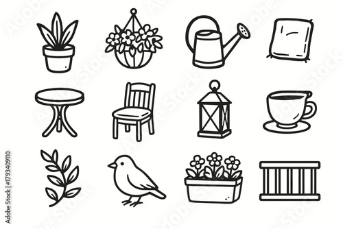Can balcony vector chair flower icon garden bird window potted teacup plant