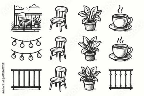 Lights chair small balcony garden vector cozy pot icon corner railing outdoor