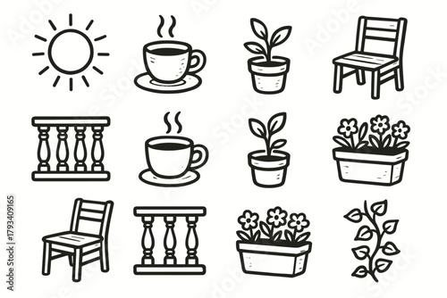 Setup vector garden wooden plant icons vine small balcony sunny railing flower