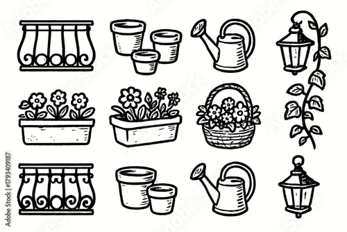 Garden vector balcony icons vine flower basket items pots clay decorative icon