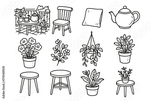 Tea table vector pillow morning flowers balcony icons garden corner icon chair