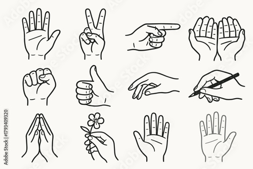Finger hand outline waving icon fist pose palm cupped vector thumbs